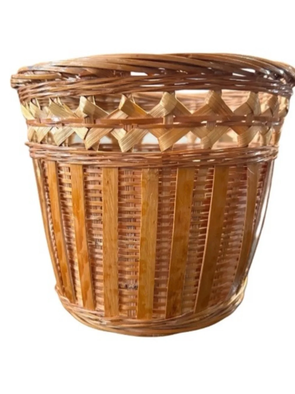 Vintage Mid Century 60 70s Hand Woven Tiger Bamboo Planter Plant Pot Tikki Boho